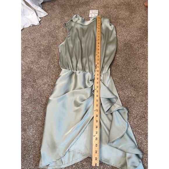 NEW Rumor SLEEK TOUCH SATIN MINI DRESS SAGE halter neck ruffle SZ 12 - Picture 5 of 10